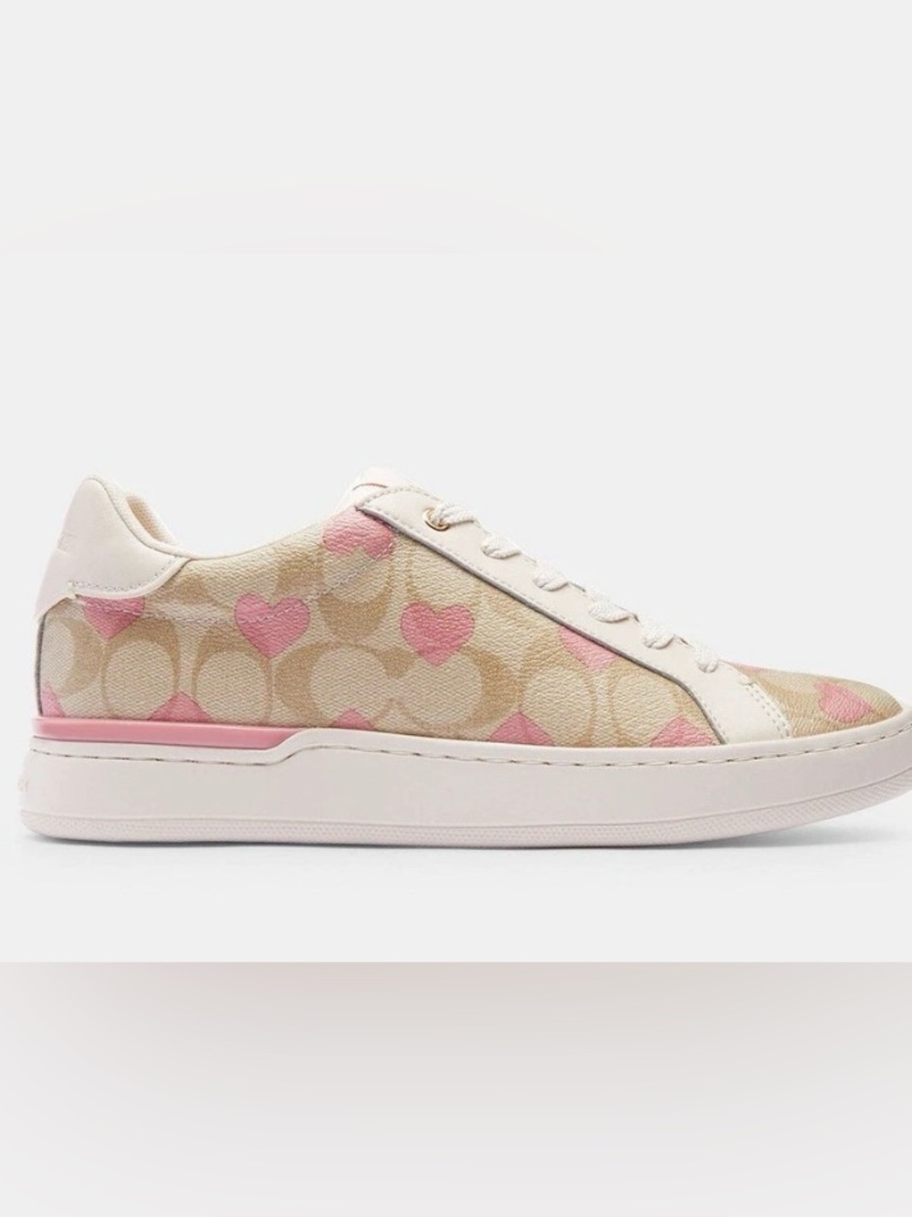 Coach Beige Signature Sneaker with Pink Heart Accents